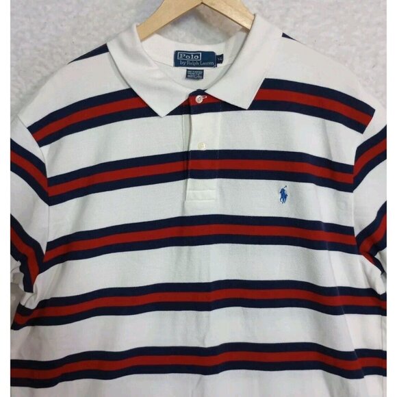 Vintage Ralph Lauren Polo Shirt Mens XL White Red Blue Striped Pony - Picture 2 of 9